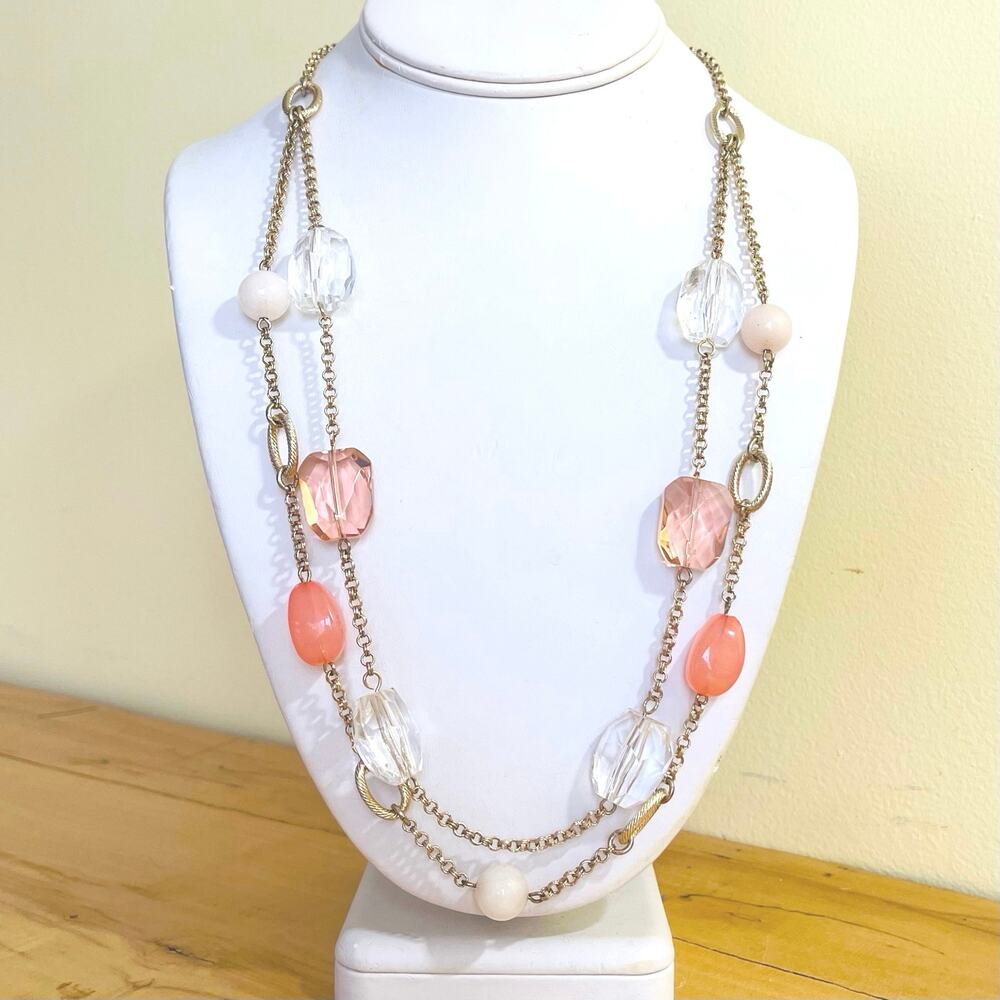 Talbots Multi-Strand Large Bead Chunky Necklace Ombre Chain Station Pink Peach